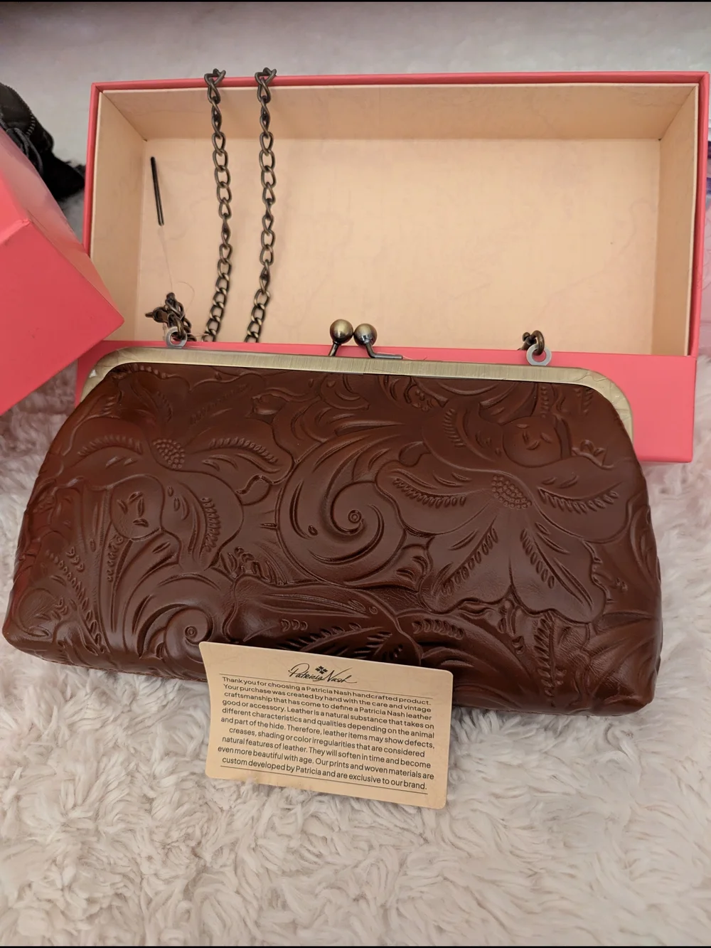 Patricia Nash Brown Embossed Leather Clutch With Cross Body Chain